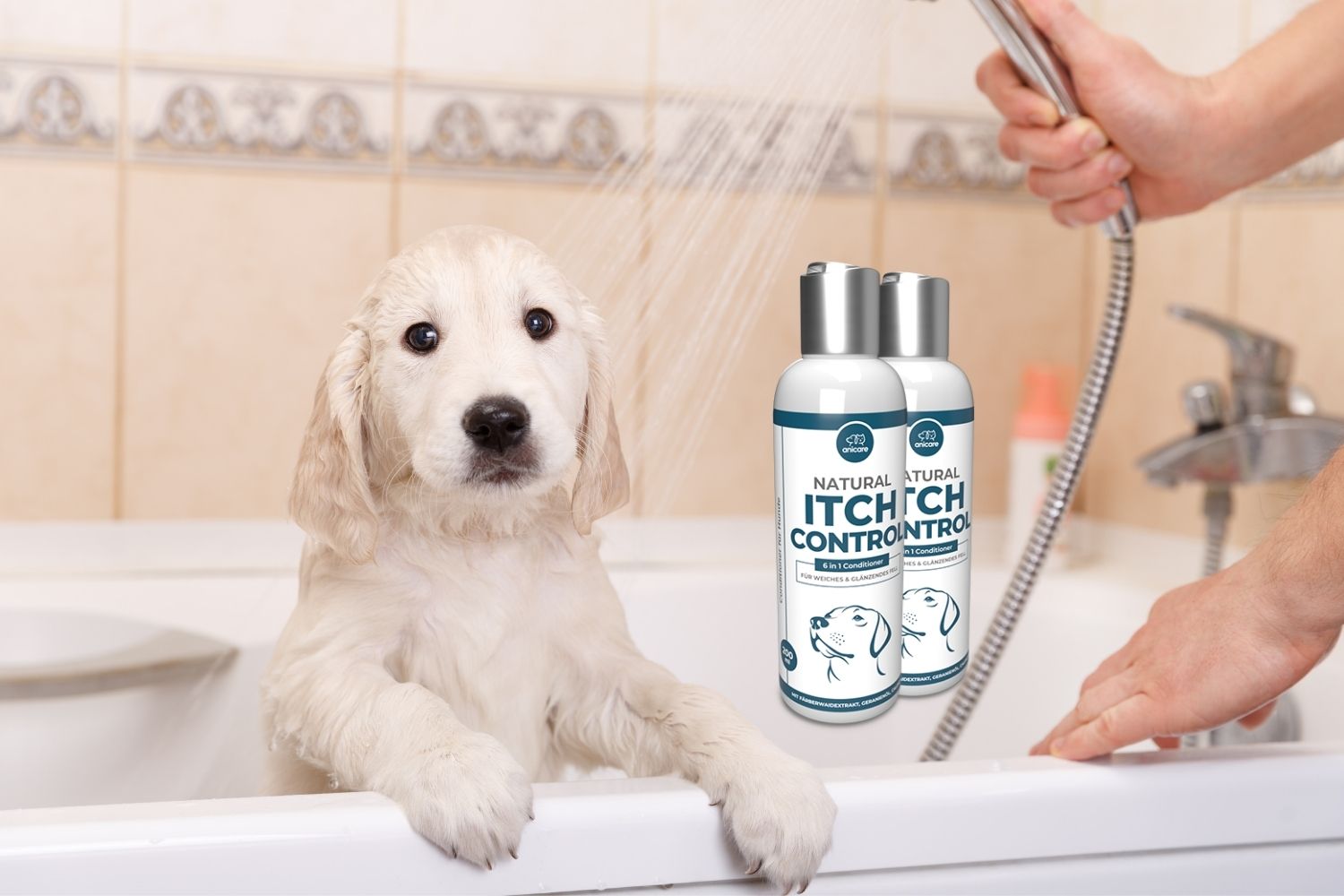 le chien est couvert de Natural Itch Control Conditioner